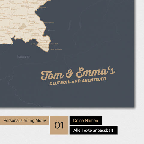 Magnetische Deutschland-Karte als Magnetboard in Hale Navy (Blau-Gold) mit Personalisierung und eigedruckten Namen