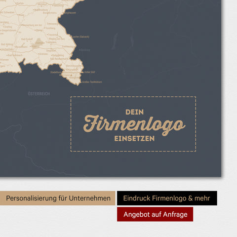 Weltkarte als Deutschland-Karte in Hale Navy (Blau-Gold) mit Eindruck eines Firmenlogos