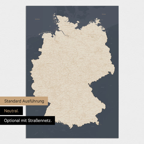 Neutrale und schlichte Ausführung einer magnetischen Deutschland-Karte in Hale Navy (Blau-Gold)