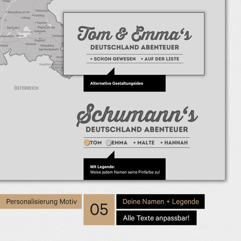 Magnetboard Deutschland-Karte in Hellgrau mit Personalisierung als Logo mit Familiennamen