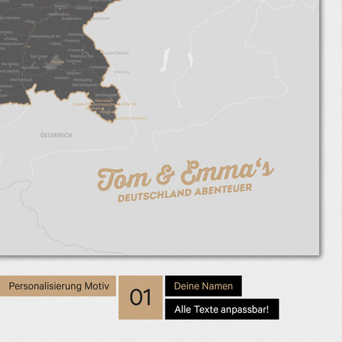 Magnetische Deutschland-Karte als Magnetboard in Light Gray mit Personalisierung und eigedruckten Namen