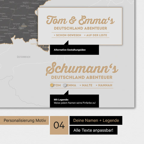 Magnetboard Deutschland-Karte in Light Gray mit Personalisierung als Logo mit Familiennamen