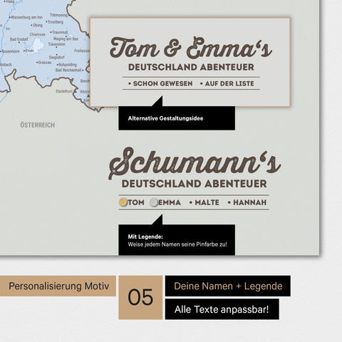 Magnetboard Deutschland-Karte in Multicolor Atlas mit Personalisierung als Logo mit Familiennamen