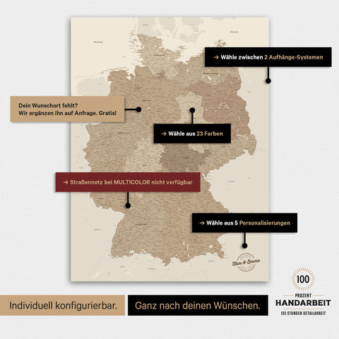 Übersicht über die vielfältigen Konfigurationsmöglichkeiten einer magnetischen Deutschland-Karte als Magnetboard in Multicolor Brown, von der Auswahl des Aufhänge-Systems über Farben bis zum Detailgrad