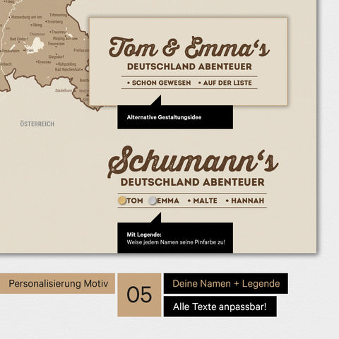 Magnetboard Deutschland-Karte in Multicolor Brown mit Personalisierung als Logo mit Familiennamen