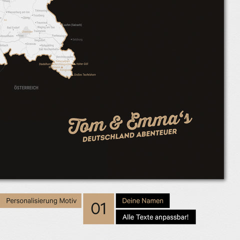 Magnetische Deutschland-Karte als Magnetboard in Schwarz-Weiss mit Personalisierung und eigedruckten Namen