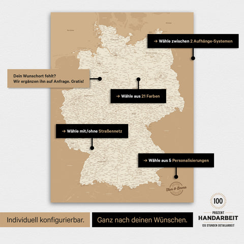 Übersicht über die vielfältigen Konfigurationsmöglichkeiten einer magnetischen Deutschland-Karte als Magnetboard in Treasure Gold, von der Auswahl des Aufhänge-Systems über Farben bis zum Detailgrad