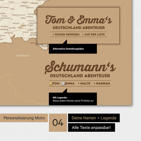 Magnetboard Deutschland-Karte in Treasure Gold mit Personalisierung als Logo mit Familiennamen
