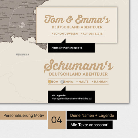 Magnetboard Deutschland-Karte in Warmgray (Braun-Grau) mit Personalisierung als Logo mit Familiennamen
