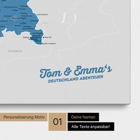 Deutschland-Karte als Pinnwand Leinwand in Blau mit Personalisierung und Eindruck mit deinem Namen