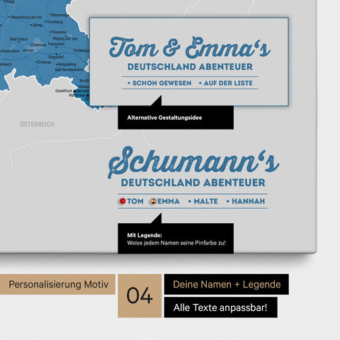 Pinnwand Leinwand einer Deutschland-Karte in Blau mit Personalisierung als Logo mit Familiennamen