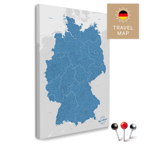 Deutschland-Karte in Blau als Pinnwand Leinwand zum Pinnen und Markieren von Reisezielen kaufen