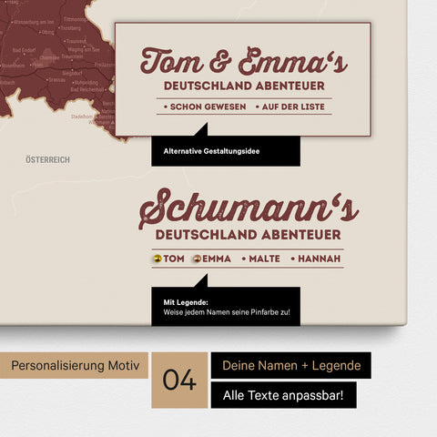 Pinnwand Leinwand einer Deutschland-Karte in Bordeaux Rot mit Personalisierung als Logo mit Familiennamen
