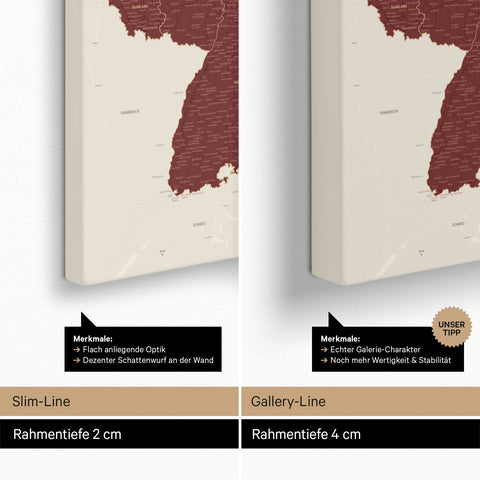 Deutschland-Karte TRAVEL® Pinnwand Leinwand – Bordeaux Red