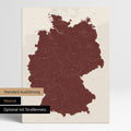 Neutrale und schlichte Standard-Ausführung einer Deutschland-Karte als Pinn-Leinwand in Bordeaux Rot