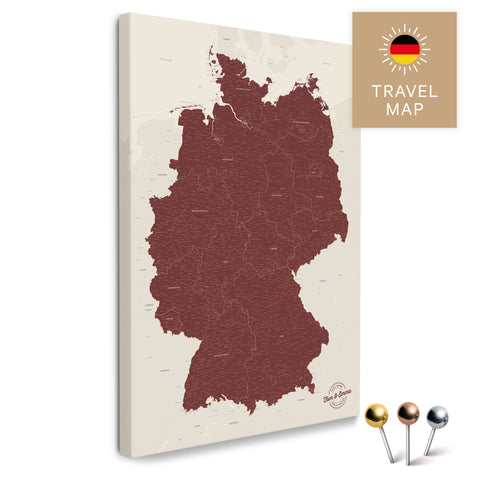 Deutschland-Karte in Bordeaux Rot als Pinnwand Leinwand zum Pinnen und Markieren von Reisezielen kaufen