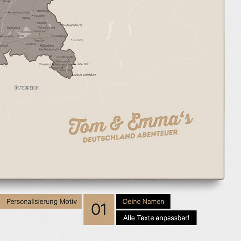 Deutschland-Karte als Pinnwand Leinwand in Warmgray (Braun-Grau) mit Personalisierung und Eindruck mit deinem Namen