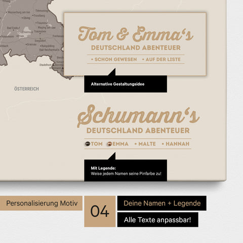Pinnwand Leinwand einer Deutschland-Karte in Warmgray (Braun-Grau) mit Personalisierung als Logo mit Familiennamen