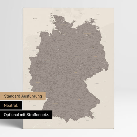 Deutschland-Karte TRAVEL® Pinn-Leinwand – Warmgray (Braun-Grau)