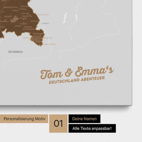 Deutschland-Karte als Pinnwand Leinwand in Braun mit Personalisierung und Eindruck mit deinem Namen