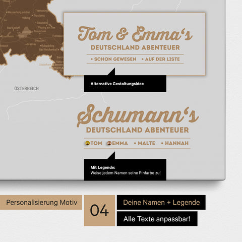 Pinnwand Leinwand einer Deutschland-Karte in Braun mit Personalisierung als Logo mit Familiennamen