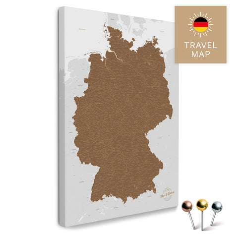 Deutschland-Karte in Braun als Pinnwand Leinwand zum Pinnen und Markieren von Reisezielen kaufen