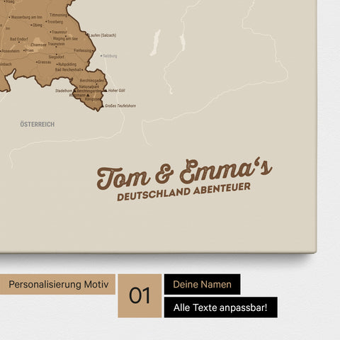 Deutschland-Karte als Pinnwand Leinwand in Bronze mit Personalisierung und Eindruck mit deinem Namen