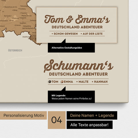Pinnwand Leinwand einer Deutschland-Karte in Bronze mit Personalisierung als Logo mit Familiennamen