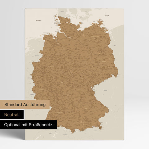 Neutrale und schlichte Standard-Ausführung einer Deutschland-Karte als Pinn-Leinwand in Bronze