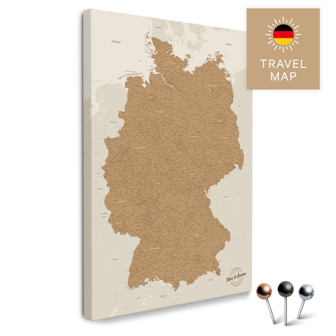 Deutschland-Karte in Bronze als Pinnwand Leinwand zum Pinnen und Markieren von Reisezielen kaufen