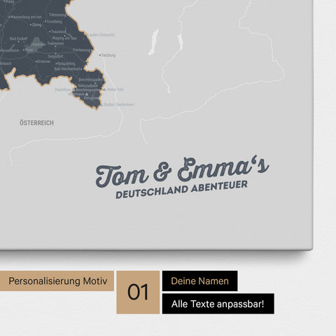 Deutschland-Karte als Pinnwand Leinwand in Denim Blue mit Personalisierung und Eindruck mit deinem Namen