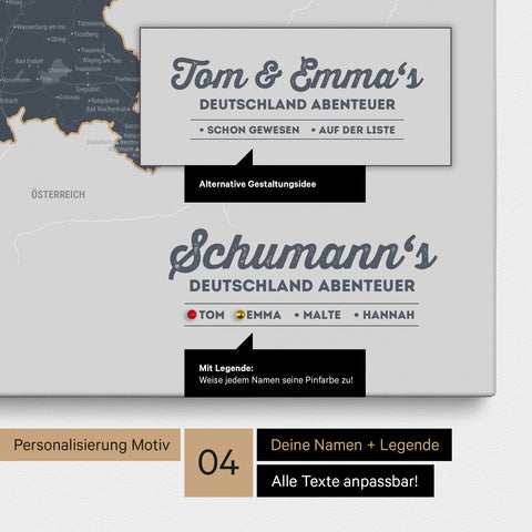 Pinnwand Leinwand einer Deutschland-Karte in Denim Blue mit Personalisierung als Logo mit Familiennamen