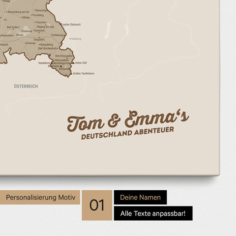 Deutschland-Karte als Pinnwand Leinwand in Desert Sand mit Personalisierung und Eindruck mit deinem Namen