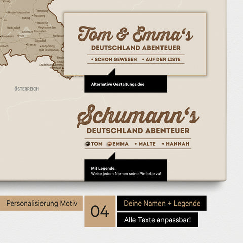 Pinnwand Leinwand einer Deutschland-Karte in Desert Sand mit Personalisierung als Logo mit Familiennamen