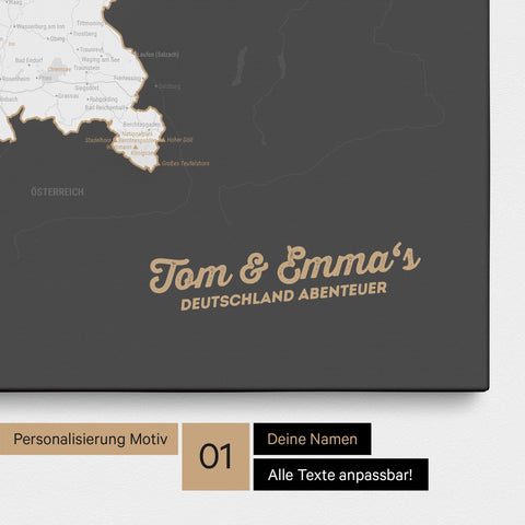 Deutschland-Karte als Pinnwand Leinwand in Dunkelgrau mit Personalisierung und Eindruck mit deinem Namen