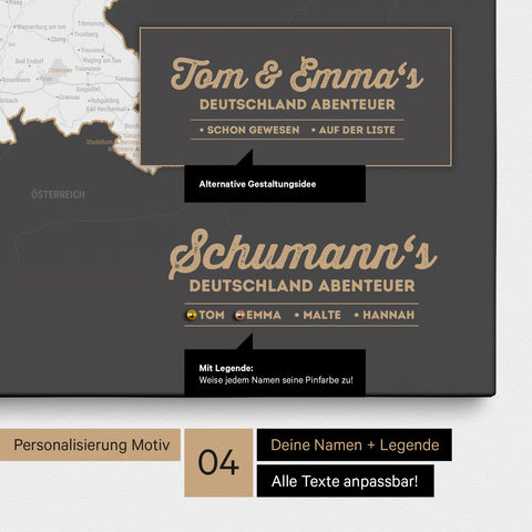 Pinnwand Leinwand einer Deutschland-Karte in Dunkelgrau mit Personalisierung als Logo mit Familiennamen