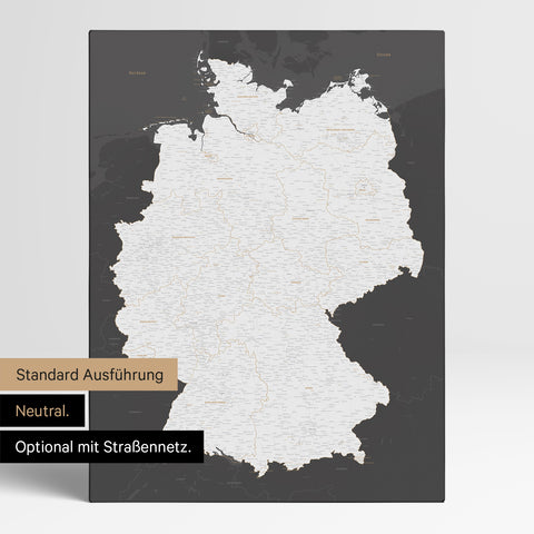 Neutrale und schlichte Standard-Ausführung einer Deutschland-Karte als Pinn-Leinwand in Dunkelgrau