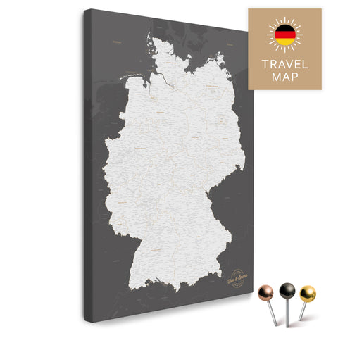Deutschland-Karte in Dunkelgrau als Pinnwand Leinwand zum Pinnen und Markieren von Reisezielen kaufen