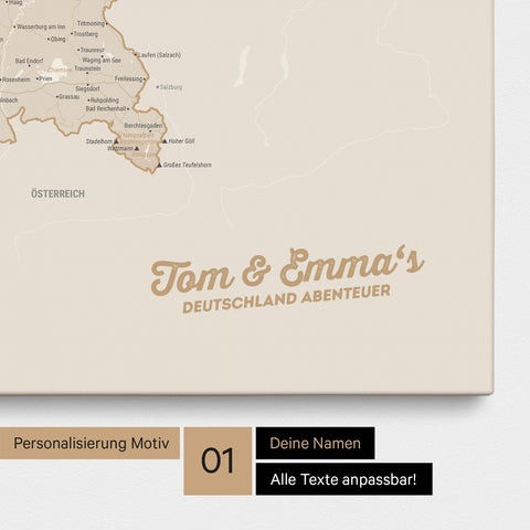 Deutschland-Karte als Pinnwand Leinwand in Gold mit Personalisierung und Eindruck mit deinem Namen