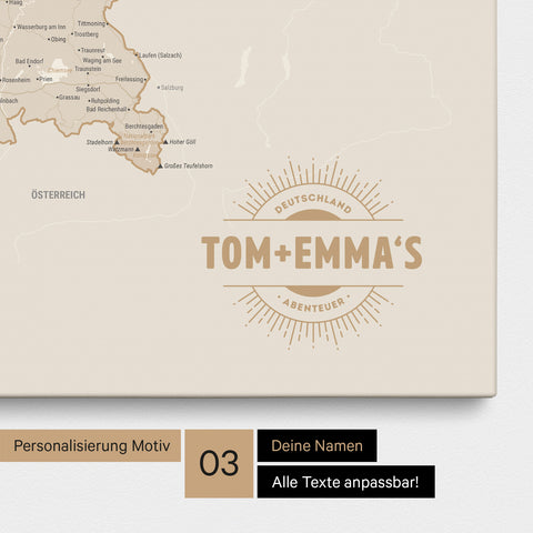 Deutschland-Karte als Pinn-Leinwand in Gold mit eingedruckten Namen als Logo in Form einer Sonne