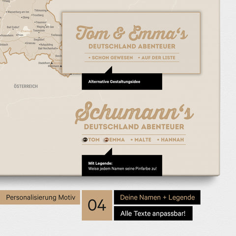 Pinnwand Leinwand einer Deutschland-Karte in Gold mit Personalisierung als Logo mit Familiennamen