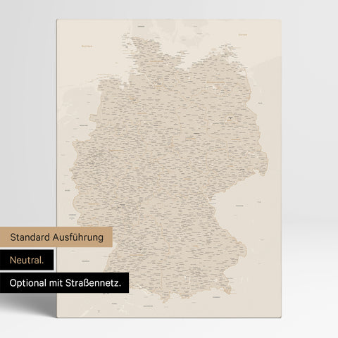 Neutrale und schlichte Standard-Ausführung einer Deutschland-Karte als Pinn-Leinwand in Gold