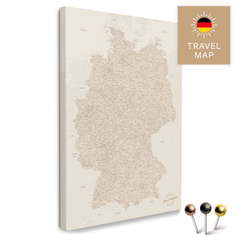 Deutschland-Karte in Gold als Pinnwand Leinwand zum Pinnen und Markieren von Reisezielen kaufen