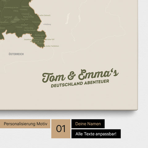 Deutschland-Karte als Pinnwand Leinwand in Olive Green mit Personalisierung und Eindruck mit deinem Namen