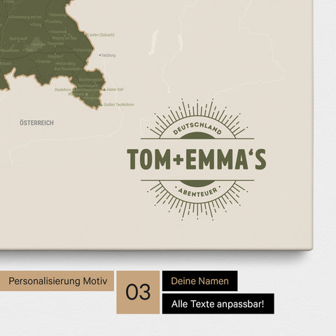 Deutschland-Karte als Pinn-Leinwand in Olive Green mit eingedruckten Namen als Logo in Form einer Sonne