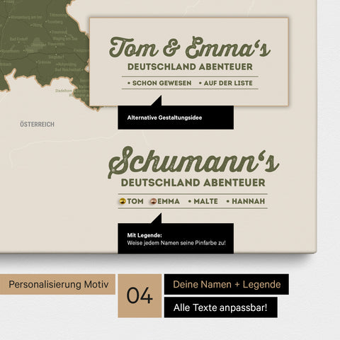 Pinnwand Leinwand einer Deutschland-Karte in Olive Green mit Personalisierung als Logo mit Familiennamen