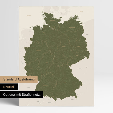 Neutrale und schlichte Standard-Ausführung einer Deutschland-Karte als Pinn-Leinwand in Olive Green