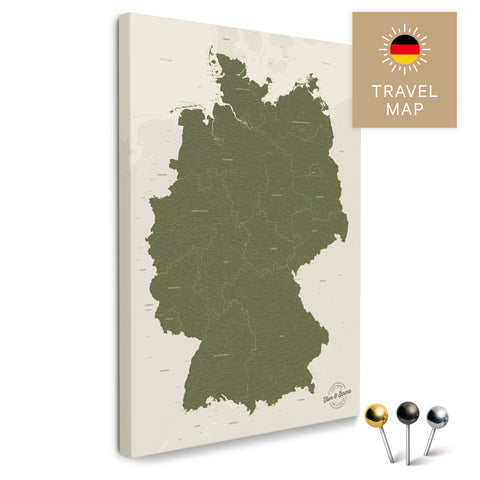 Deutschland-Karte in Olive Green als Pinnwand Leinwand zum Pinnen und Markieren von Reisezielen kaufen