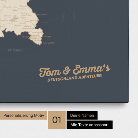Deutschland-Karte als Pinnwand Leinwand in Hale Navy (Dunkelblau) mit Personalisierung und Eindruck mit deinem Namen