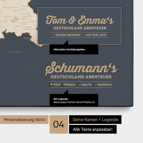 Pinnwand Leinwand einer Deutschland-Karte in Hale Navy (Dunkelblau) mit Personalisierung als Logo mit Familiennamen